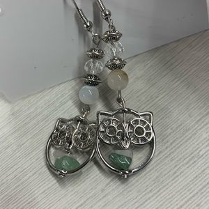 Quartz and aventurine silver owl earrings